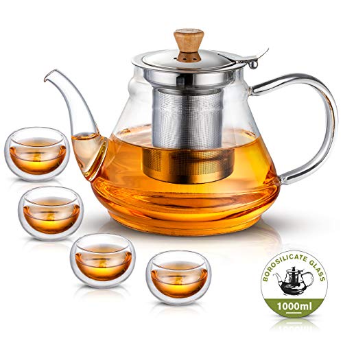 SUSTEAS 1000ml/33oz Glass Teapot with Extra Double Wall cups, Removable Stainless Steel Infuser, Borosilicate Glass Tea Kettle, Blooming & Loose Leaf Teapots