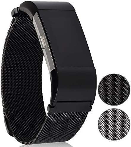 Premium Replacement Bands for Fitbit Charge 2 by Lorum: Stainless Steel Metal Bracelet Strap In Silver &amp; Black – Strong Magnet Lock With Buckle Design HR Fitness Tracker – Small &amp; Large Hand Straps