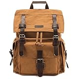 Kattee Mens Leather Canvas Backpack Large School Bag Travel Rucksack Khaki