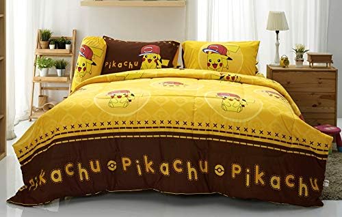 Pikachu Cute Yellow Bedding Set, 1 Fitted Sheet, 1 Pillow Case, 1 Bolster Case, 1 Comforter 040 Set A+1 (Twin 42"x78")