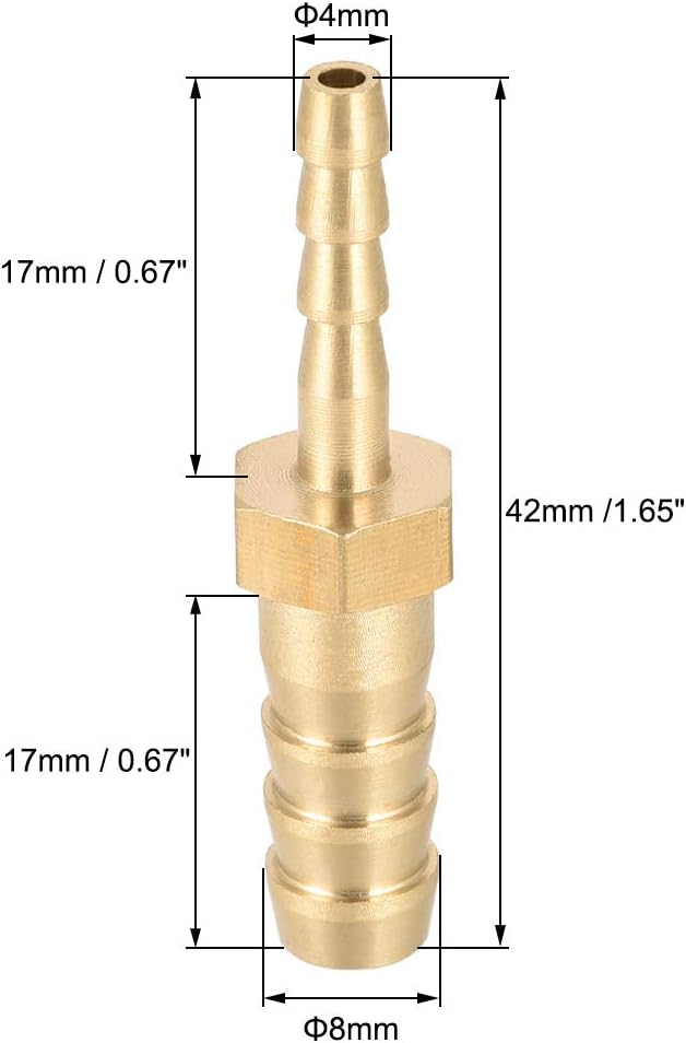 sourcing map Straight Brass Barb Fitting Reducer, Fit Hose ID 8mm to 4mm, Gold, 8mm x 4mm - Image 3