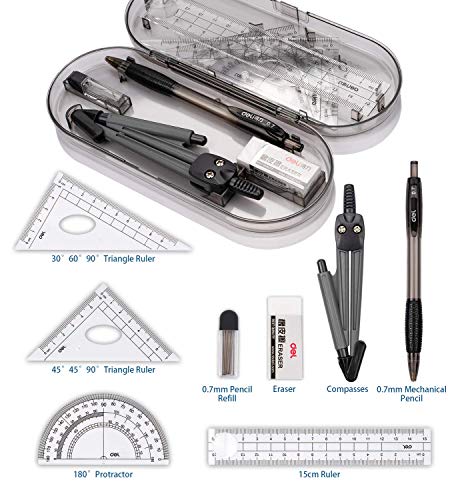 Compass Set, Muscccm Compass for Geometry Math Geometry Kit 8 Pieces - Student Supplies Drawing Compass, Protractor, Rulers, Pencil Lead Refills, Pencil, Eraser for Students and Engineering Drawing