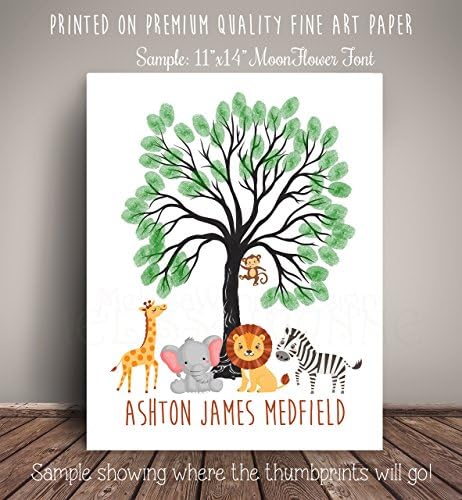 Jungle Safari Animals Black Thumbprint Tree Nursery Art -Serves as "Guest Book" for Baby Shower - Printed on Premium Quality Fine Art Paper Ju2BKT-TH-MF