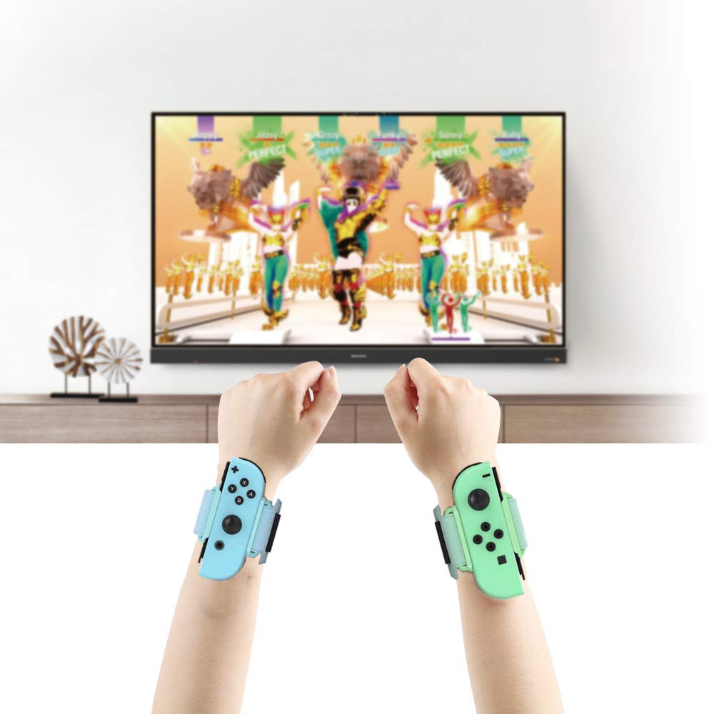 FANPL Upgrade Wrist Bands Compatible with Dance 2026/2025/2024/2023, Adjustable Elastic Strap for Switch & OLED JoyCon Controller, Fit for Adults & Children,2 pack (for Animal Crossing Blue & Green)