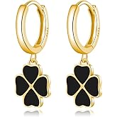 Reffeer Solid 925 Sterling Silver Clover Flower Drop Hoop Earrings for Women Teen Girls Black Flower Hoop Earrings Drops for Summer Spring