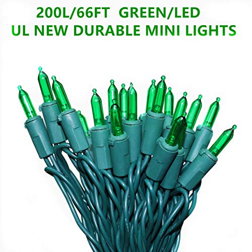 JinBest 200 Green Christmas Lights with Green Wire 66 Ft, UL Certified