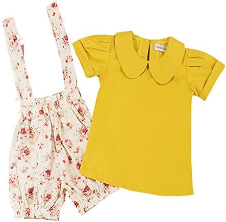 Floral Girls Set Summer Short Sleeve Cotton Mustrad Yellow Shirt + Suspander Shorts Sets 2PC Clothes for Girls 2-6years (2T)