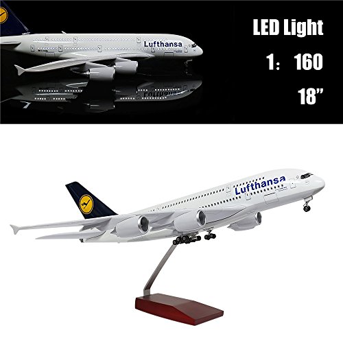24-Hours 18â€ 1:160 1 Scale Model Airplane Model Lufthansa A380 with LED Light(Touch or Sound Control) for Business Gift