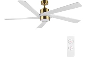 WINGBO 54 Inch DC Ceiling Fan with Lights and Remote Control, 5 Reversible Carved Wood Blades, 6-Speed Noiseless DC Motor, Modern Ceiling Fan in Brass Finish with White Blades, ETL Listed