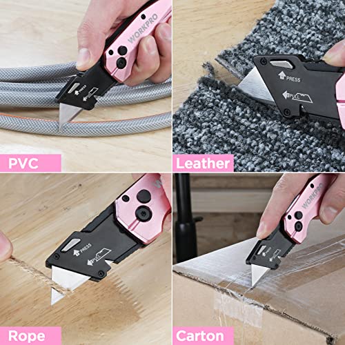 WORKPRO Folding Utility Knife, Quick Change SK5 Box Cutter, Pink Razor Knife for Boxes, Cartons, Cardboard, 10 Extra Blades Included