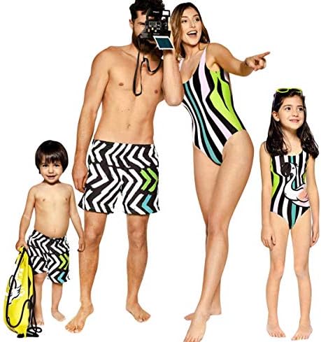 Family Matching Striped Swimwear Mommy&Girl One Piece Round Neck Sleeveless Open Back Swimsuit Daddy&Boy Swim Shorts