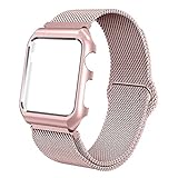 ALNBO 42mm Apple Watch Band Stainless Steel Mesh Magnetic Replacement Bracelet Strap Wrist Bands with Metal Protective Case for Apple Watch Series 2 Series 1 Rose Gold
