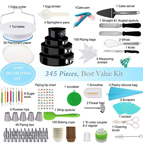 Cake Decorating Supplies 345 PCS Baking Set with Springform Cake Pans Set, Cake Decorating Kit, Cake Rotating Turntable, Icing Tips & Icing Bags, Cake Baking Supplies for Beginners.