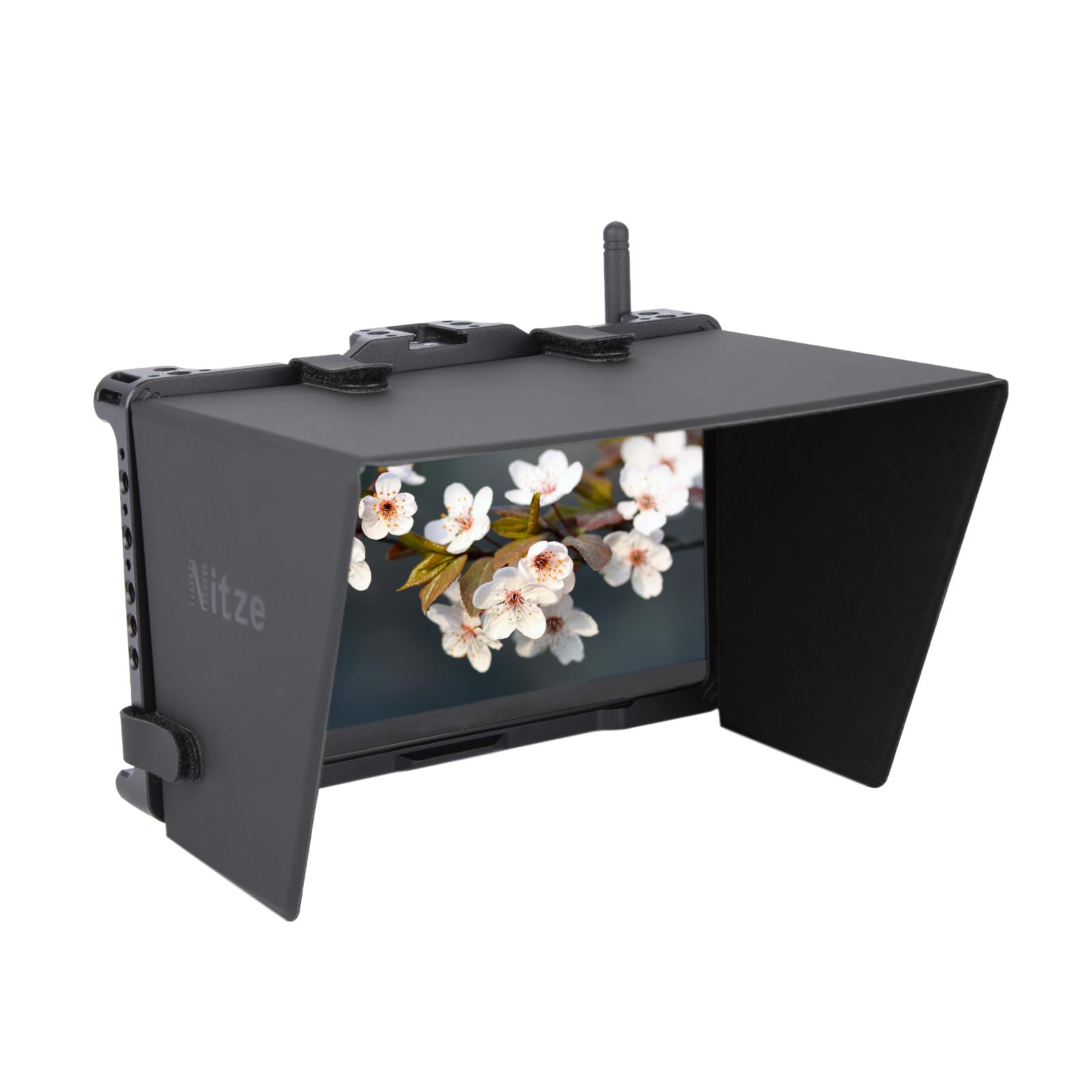 Nitze Cage for PortKeys BM7 II DS Monitor with PU Leather Sun Hood, with Built-in NATO Rail and Cold Shoe, 1/4"-20 Threaded Holes and 1/4" Locating Holes - JT-I04B