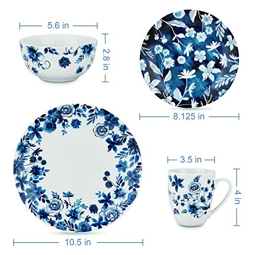 ZYAN 16 Piece Round Dinnerware Sets, Blue Garden Stoneware Dish Set