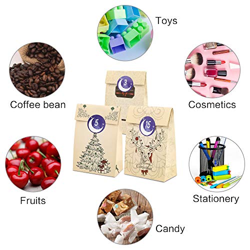 Molbory Bolsas de Regalo Navidad, Calendario de Adviento, Bolsas de Papel Kraft con 1-24 Pegatinas, Decoración Navideña para Fiestas, Ceremonias de Graduación, Bodas, Aniversarios, Navidad