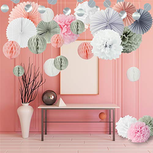 28pcs Carta Crespa Rossa Fan Di Carta Decorazioni A Nido Dape Lanterna Bianca Luce Rosa Chiaro Grigio Per Matrimonio Compleanno Baby Shower Addobbi