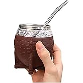 Mate Torpedo Argentino Kit Mate, Taza de te Imperial Acero Inoxidable, With Straw Tea Gourd Mug One Bombilla (Straw), Wrapped Handmade Leather Ideal for Gift and Travel (Brown)