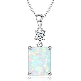 CiNily Opal Necklaces for Women Dainty 14K White Gold Plated and Gold Plated Created Opal Pendant Necklace Simple Round Gem Rectangular Opal Jewelry Gift