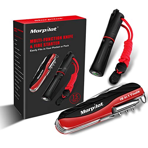 morpilot Coltello Svizzero e Pietra Focaia Set 15 in 1 Coltello Multiuso e 5 in 1 Fire Starter con Fischietto e Bussola per Il Campeggio, Escursioni e Emergenza