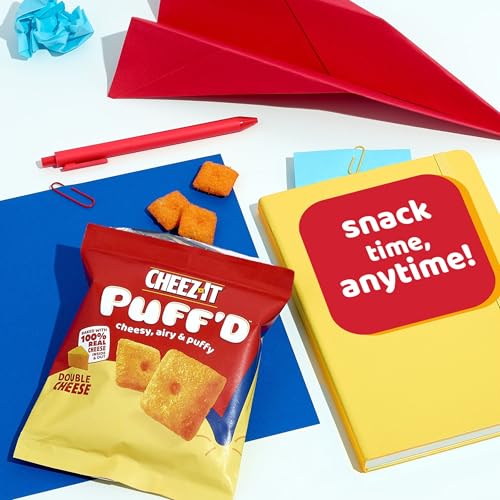 CHEEZ-IT PUFF’D CHEESY BAKED SNACKS, PUFFED CRACKERS, KIDS SNACKS, GRAB N’ GO, DOUBLE CHEESE, 8.4OZ BOX (12 POUCHES)