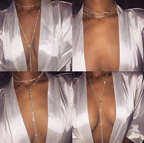 Kercisbeauty Muti Row Boho Rhinestones Choker Long Chain Necklace for Women and Girls Prom Jewelry Festival (Gold)