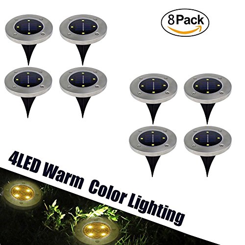 Lawn Solar LED Lights Path Uplight 4LED Waterproof In-Ground Light for Outdoor Gardern Bed Pathway, Walkway, Back Yard Grassland, Deck, Patio, Area Landscape Warm Lighting Solar Powered Lamps 8 PACK