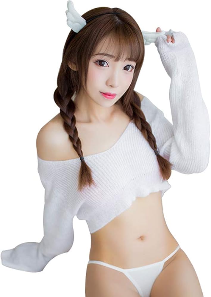 SINMIUANIME Women's Cute Sexy Cosplay Lingerie Set Lolita Japanese Girl Anime Suit Sweater Crop Top and Devil Thongs Outfit (white)