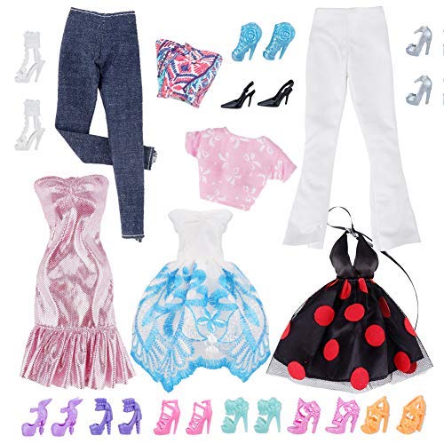 E-TING Lot 15 Items = 5 Sets Fashion Casual Wear Clothes Outfit Party Dress with 10 Pair Shoes for Girl Doll