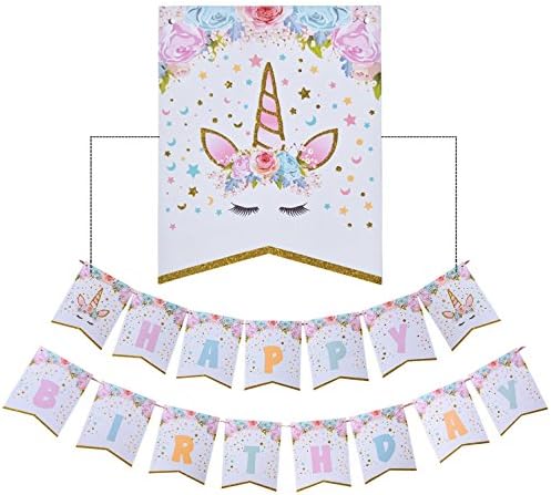 Rainbow Unicorn Banner, Happy Birthday Banner Unicorn Themed Party Favors Decorations for Cute Fantasy Fairy Girls Party Supplies