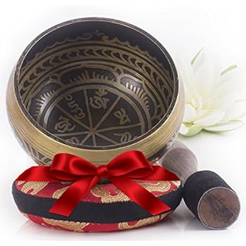 Silent Mind ~ Tibetan Singing Bowl Set ~ Antique Design ~ With Dual Surface Mallet and Silk Cushion ~ Promotes Peace, Chakra Healing, and Mindfulness ~ Exquisite Gift