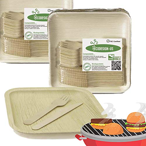 Wooden Plates Disposable. Party Pack of 150 EcoFriendly Dinnerware