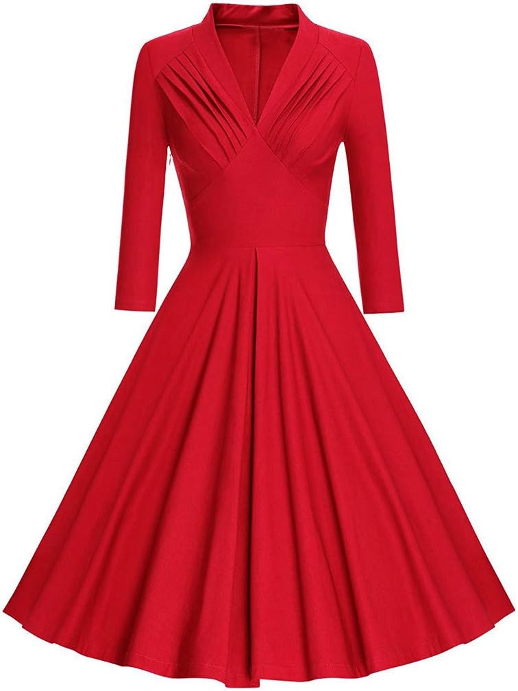 Dress,Women Vintage Dress,Long Sleeve Solid V-Neck Ruched Flattering Stretch 50's Retro Ball Gown Cocktail Party Elegant Evening Swing Dresses for Women