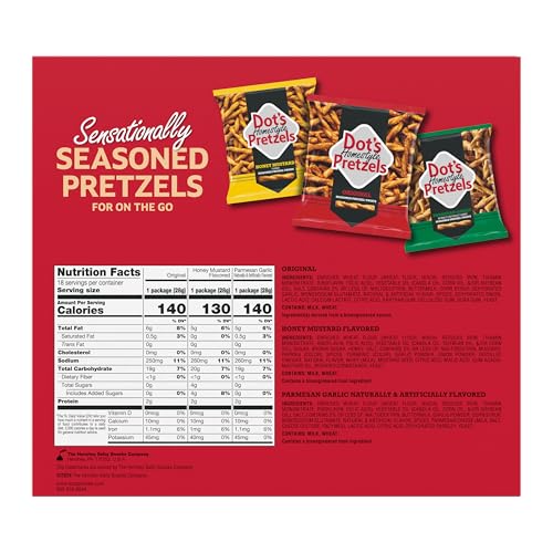 DOT’S HOMESTYLE PRETZELS VARIETY PACK, ORIGINAL, HONEY MUSTARD, AND PARMESAN GARLIC TWIST SNACK, 1OZ INDIVIDUALLY SIZED BAGS (18 COUNT)