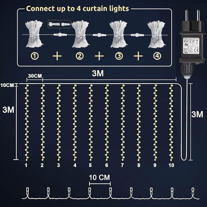 Dekofun Pack of 2 3 x 3 m 300 LED Curtain Lights with Socket, Timer, 8 Modes, IP65 Waterproof Waterfall Lights for Outdoor Indoor Balcony Garden WeddingTerrace, Warm White