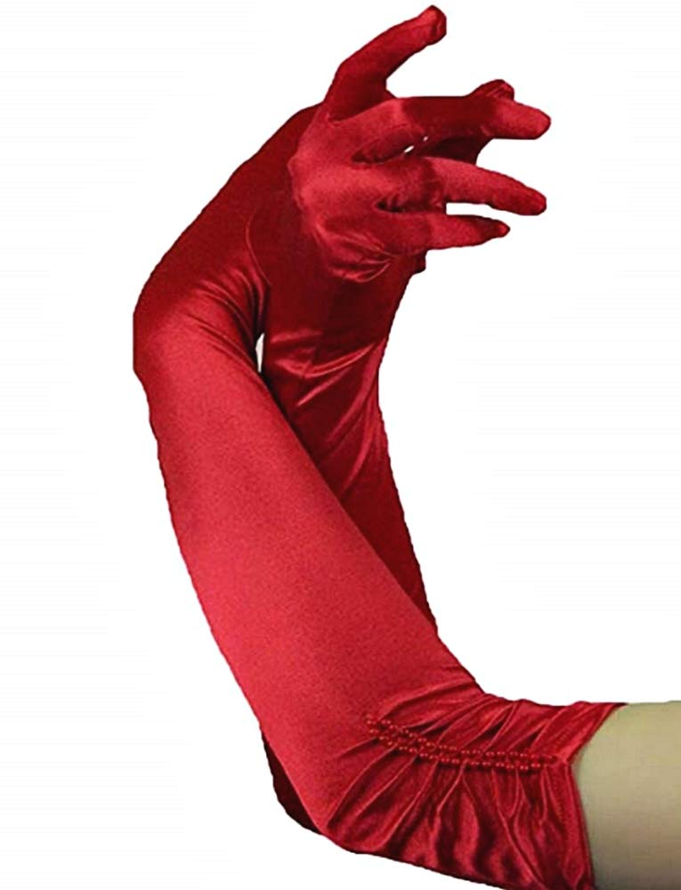 Long gloves woman 20 years - elegant - simple - satin - stretch - red color with beads - Christmas and birthday gift idea