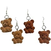 JIANFU 6pairs Brown Flocked Bear Earrings Set,Funny Plush Small Stud Earrings,Animal Earring for Women Ear Studs Jewelry Gifts