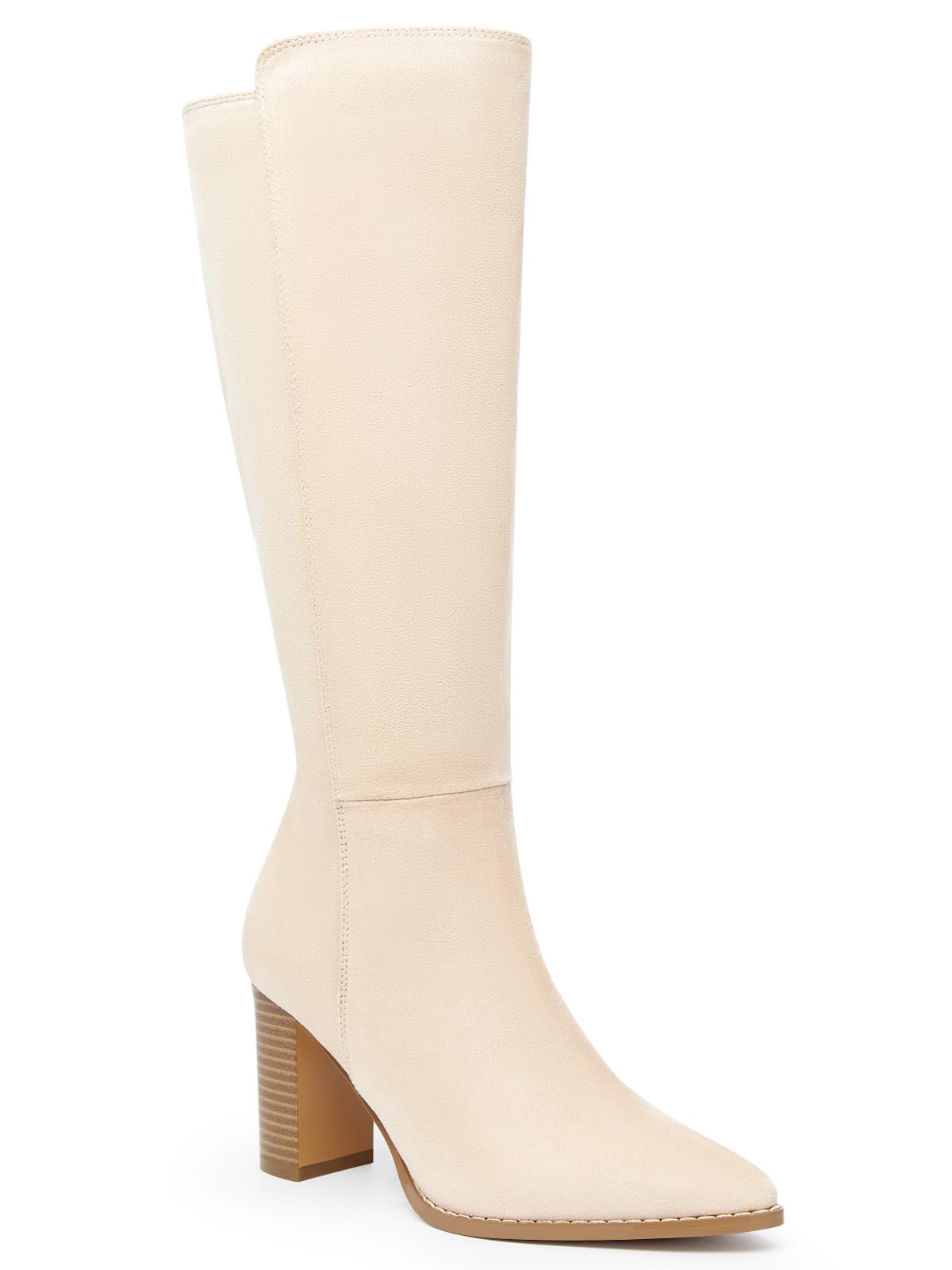 Photo 1 of Juliet Holy Women's Knee High Boots Wide Calf Stacked Block Heel Pointed Toe Riding Boots Beige
