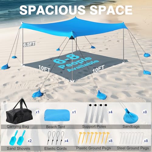 Rhino Valley 3 x 3 m Ultra Stable Portable Beach Tent, UV Protection UPF50+ Super Windproof Beach Tent with 8 Fillable Sand Anchors and 4 Aluminium Rods