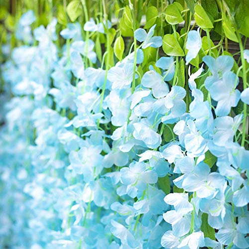 12pcs Artificial Wisteria Flowers 3.6 Feet/Piece Blue Dense Artificial Fake Wisteria Vine Ratta Hanging Garland Silk Flowers String Home Party Wedding Decor（Blue-Dense）