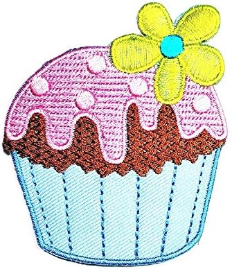 3.2 x 2.8 inches.Green Flower cupcake patch Embroidered DIY Patches, Cute Applique Sew Iron on Kids Craft Patch for Bags Jackets Jeans Clothes