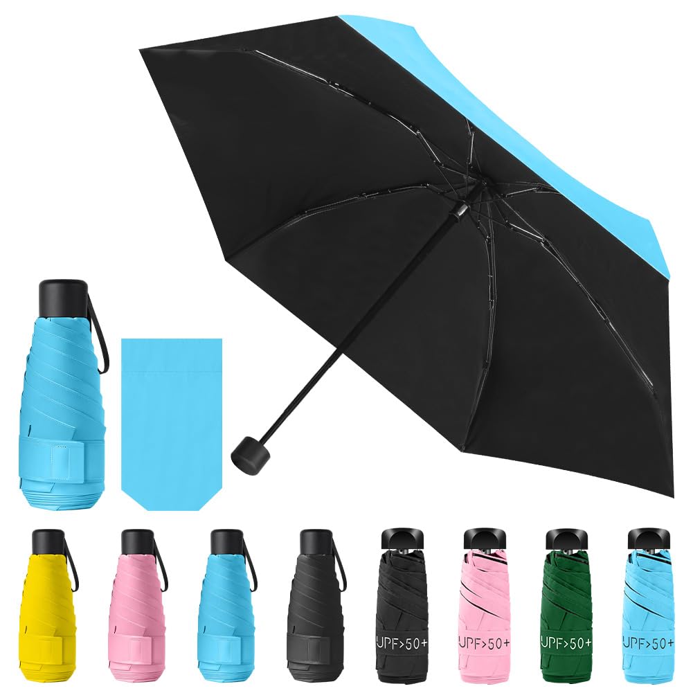 Vicloon Mini Travel Umbrella, Small Compact Umbrella with UPF50+ Protection, 210T Black Rubber Cloth & 6 Aluminum Alloy Ribs Folding Umbrellas, Lightweight Tiny Pocket Umbrellas (Blue)