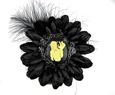 Nick's Bows Black &amp; Black Feather w Haunted Mansion Cameo Edgar Allen Poe Hair Clip