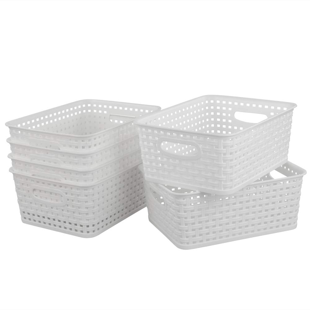 Bblina 6-Pack Small White Plastic Weave Rattan Storage Basket Box