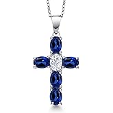 Gem Stone King 925 Sterling Silver Blue Created Sapphire and White Moissanite Cross Pendant Necklace for Women | 3.50 Cttw | Gemstone September Birthstone | Oval 6X4MM | With 18 Inch Chain