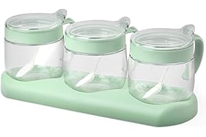 NAN Wind Glass Seasoning Box Set,12oz/350 ml Condiment Set With Lids and Spoon,Clear Glass Condiment Canisters,3Pack Scondiment Jar Set for Sugar Pepper for Kitchen Counter(Green)