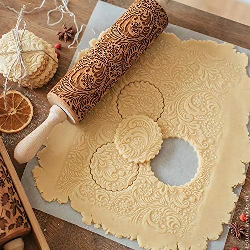 ECOSWAY Laser Printing Flower Pattern Wooden Rolling Pin, Wooden Laser Engraved Snowflake Plant Rolling Pin,Embossed Engraved Roller Pin for Baking Embossed Cookies~Small,35 * 5cm