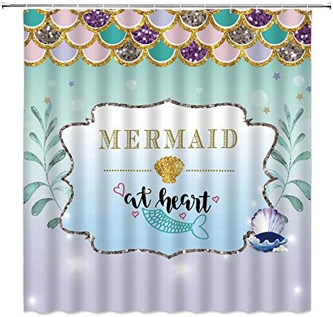 WZFashion Mermaid Scales Shower Curtain Magical Fishscales Glare Ocean Sea Purple Aqua Teal Princess Decor Fabric Bathroom Curtain Set Polyester with Hooks