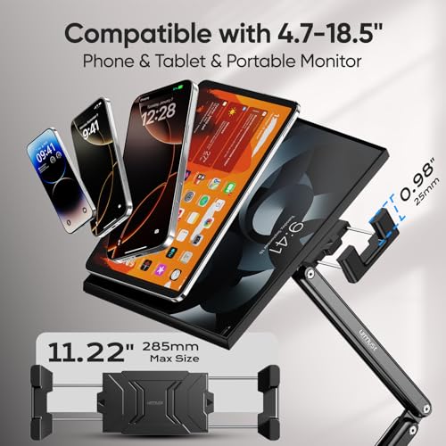 Urmust Tablet Holder Height Adjustable Aluminium Tablet Arm Holder with 360° Rotating Metal Base, iPad Holder Table Compatible with iPad Galaxy Tab Kindle & Monitor Holder from 4.7 Inch - 15.6 Inch