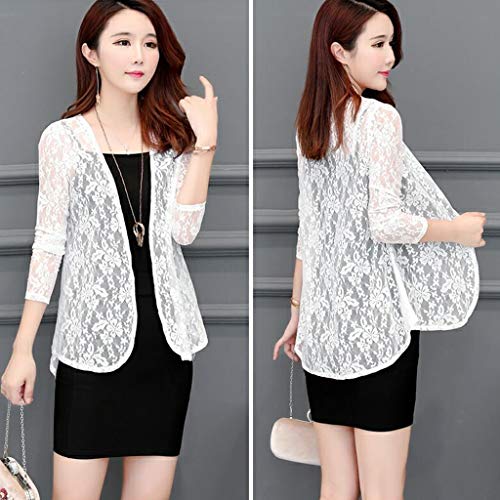 Alangbudu Women Elegant Lace Hollow Out Casual Blazer 3/4 Sleeve Open Front Relax Fit Office Lightweight Cardigan Shrug Pink